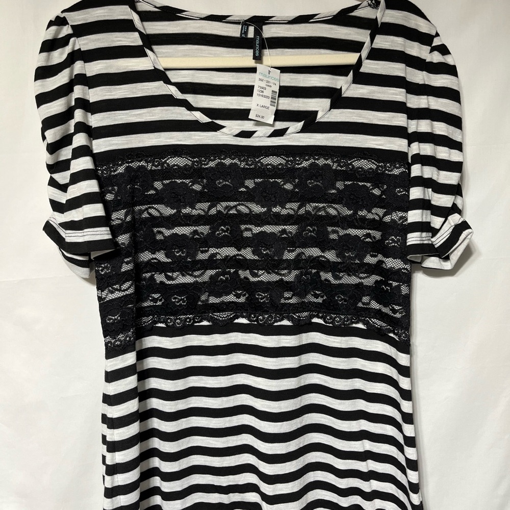 Maurices Black and‎ White Striped Blouse with Lace